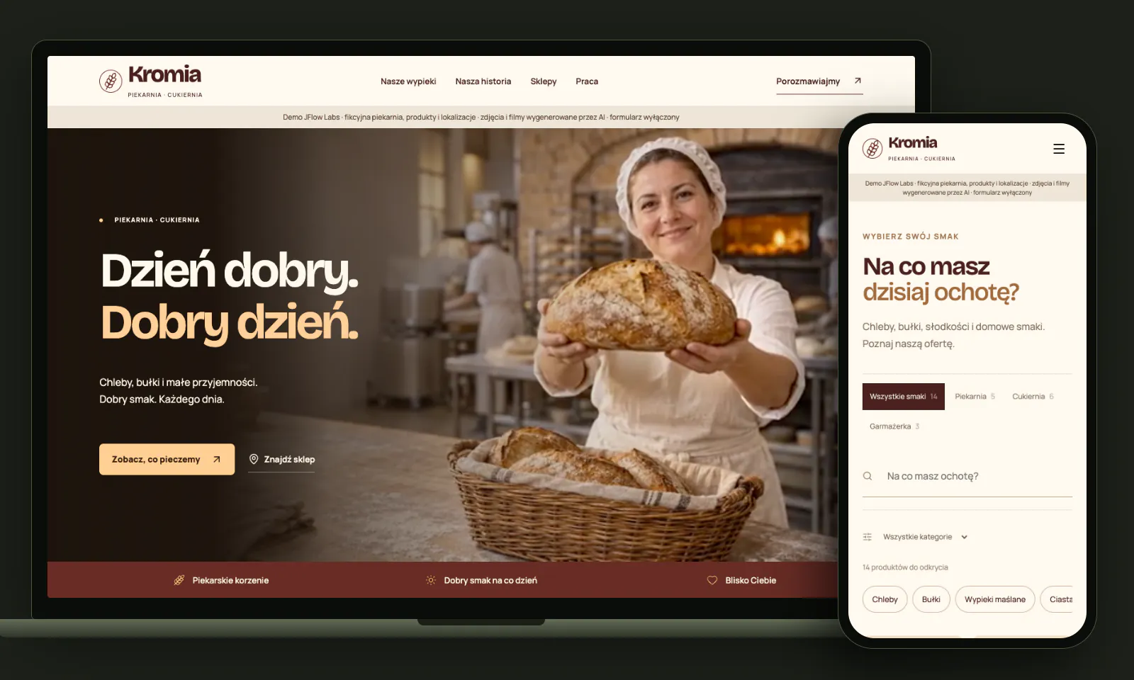 Demo Kromii na laptopie i telefonie: strona główna z filmem i katalog wypieków.