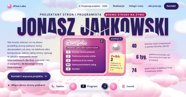 Pierwszy ekran świata Chmury: różowy telewizor na chmurze w pastelowym niebie i nazwisko Jonasz Jankowski