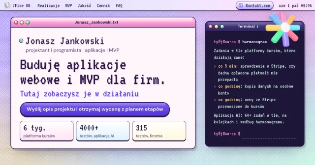 Pierwszy ekran świata JFlow OS: okna retro systemu, terminal i szklany znak JFlow